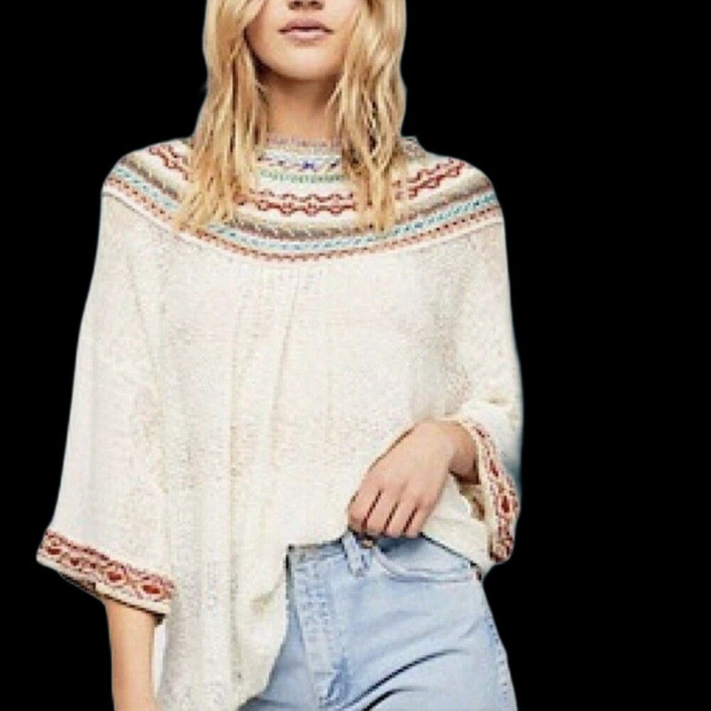 Free People Women's Boho Embroidered Knit Over Size Tunic Top Ivory Multi Small
